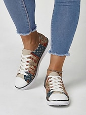 Damskie khaki płócienne trampki z amerykańską flagą – patriotyczne, sznurowane buty do chodzenia w stylu vintage z kwiatowym nadrukiem, idealne na co dzień, na Dzień Niepodległości, paradę &święto USA