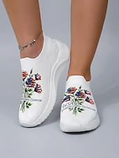  Γυναικεία λευκά slip-on αθλητικά παπούτσια με πατριωτικό μπουκέτο – αναπνεύσιμα πλεκτά παπούτσια πεζοπορίας με φλοράλ print για την ημέρα ανεξαρτησίας, την παρέλαση, τα καλοκαιρινά φεστιβάλ &casual