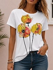 cheap Floral tee-Women's T Shirt Print Floral Graphic Plants Bohemia Hawaiian Stylish Short Sleeve Crew Neck Round Neck Regular Tops Casual Daily White White 2 White 3 Summer Spring Fall Winter