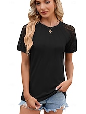 cheap Plain tee-Women's T Shirt Tee Top Lace Plain Elegant Stylish Short Sleeve Raglan Sleeves Round Neck Long Tops Casual Daily Black White Wine Sky Blue Summer Spring