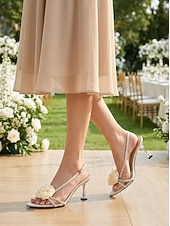 cheap Wedding Guest-Women's Apricot Satin Block Heel Sandals with Floral Rhinestone Straps for Garden Wedding Guest