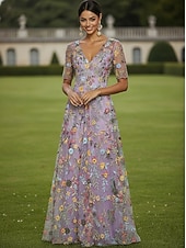  A-Line Dress Floor Length Party Dress Cocktail Dress Mother of the Bride Dress Half Sleeve V Neck Elegant Vintage Luxurious Formal Wedding Guest Kentucky Derby Tulle with Floral Print Embroidery