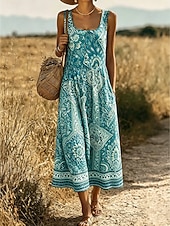 abordables Robe Boho-Femmes Robe Midi Robe d'Été Robe trapèze Robe à épaules dénudées Vacances Occasionnel Boho Plage Date Coupe régulière Graphique Paisley Tribal Sans manches Col en U Bleu Chameau Orange Vert Ét