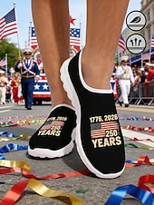  Pantofi sport slip-on pentru bărbați, model aniversar SUA - respirabili &Teniși sport ușori negri din plasă, cu imprimeu „1776-2026” &Imprimeu cu steagul american, ideal pentru paradele de Ziua