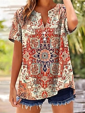 billige Kunst og Design Bluser-Dame Skjorte Knapper Trykt mønster Grafisk Geometri Stilfull Klassisk Fritid Kortermet V-hals Lange topper Avslappet Daglig Ut på byen Blå Rød Oransje Sommer Vår