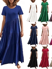 cheap Plain Dress-Women's Vintage Crew Neck Ruffle Pleated Asymmetric Maxi Dress Khaki Black White Pink Summer