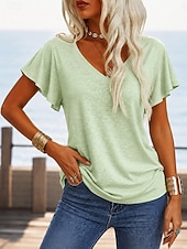  Women's Summer Tops Ruffle Elegant Bohemia Fashion Short Sleeve Flutter Sleeve V Neck Regular Tops Casual Daily Beach Green Summer Spring