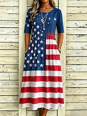 voordelige Onafhankelijkheidsdag Jurk-Amerikaanse onafhankelijkheidsdag Dames Halflange jurk Hemdjurk Vakantie Casual Feestdagen Normale pasvorm Grafisch Vlag Halve mouw Strakke ronde hals blauw Rood Zomer Lente