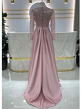 cheap Ball Gown Evening Dresses-Mermaid Trumpet Floor Length Evening Gown Ball Gown with Overskirt Formal Dress Elegant Long Sleeve Illusion Neck Carnival Formal Detachable Satin Sequined with Pearls Overskirt