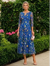 cheap Ankle Length-A-Line Dress Floor Length Tea Length Lace Dress Cocktail Dress Mother of the Bride Dress 3/4 Length Sleeve Crew Neck V Neck Elegant Simple Casual Formal Wedding Guest Semi Formal Lace with Embroidery
