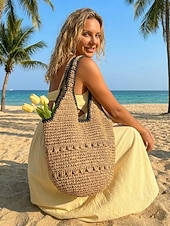 economico Borse da viaggio per vacanze-Borsa a tracolla da donna in stile bohémien intrecciata, colore beige kaki, capiente, con cerniera, ideale per vacanze al mare, viaggi e abbigliamento casual quotidiano.