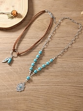 economico Collana da donna-collana da donna bohémien a strati con perline turchesi, catena d'argento e piuma &amp;Ciondolo a forma di fiore, cinturino in finta pelle scamosciata, casual e da vacanza