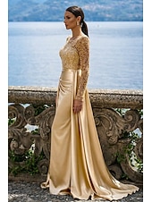 economico Abiti da ballo-Sirena Tromba Lunghezza al pavimento Abito da Sera Elegante Brillare &amp; Splendere Manica Lunga Scollo Illusione Carnevale Mascherata Abito Champagne per la Madre della Sposa Raso Con Paillettes con