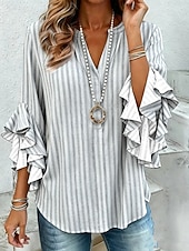 cheap Stripe&amp;Geometric Blouses-Women's Shirt Blouse Ruffle Print Graphic Geometric Striped Vacation Daily Retro Vintage Half Sleeve V Neck Regular Tops Daily Holiday Going out Blue Pink Green Grey Summer Spring Fall