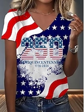  American Independence Day Women's T Shirt Print Graphic American Flag Vintage Stylish Classic Short Sleeve V Neck Regular Tops Casual Daily White-Blue White Red White Summer Spring Fall Winter