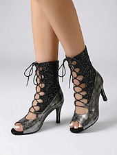 baratos Sapatos de Dança Latina-Botas de dança latina femininas vermelhas com glitter – sapatos de salto alto com cadarço e bico aberto para salsa e dança de salão. &amp;dança de tango