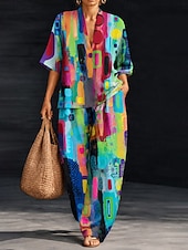 cheap Women's Blouse Suits-Women's Shirt Pants Sets Half Sleeve V Neck Graphic Geometric Print Vacation Fashion Streetwear Casual Daily Outdoor Blue Orange Beige Spring &amp; Summer Loose Fit