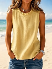  Mujer Camisa Textura Volante Color sólido Plano Vintage Sin Mangas Cuello Barco Tops regulares Casual Café marrón Negro Amarillo Verde Trébol Gris Oscuro Verano Primavera