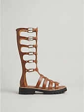 cheap Gladiator Sandals-Women's Tall Gladiators Sandals - Edgy Black Knee-High Summer Boots with Multiple Buckles, Studs &amp; Lug Sole for Music Festivals, Tropical Vacations &amp; Outdoor Adventures