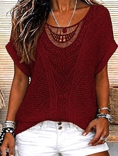  Femmes Elegant Haut à œillets Haut d'épissage en dentelle Patchwork Élégant Bohème ancien Manche Courte Col ras du cou Hauts Longs Occasionnel Quotidien Sortir Bleu Rose Claire Rouge Orange Beige Ét