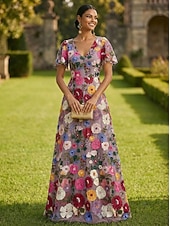  A-lijn Jurken Tot de grond Maxi-jurk Feestjurk Cocktail jurk Moeder van de bruid jurk Korte mouw V-hals Elegant Vintage Luxueus Formeel Bruiloft gast Kentucky Derby Chiffon Tule met Borduurwerk