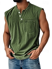  Men's Vintage Tank Top 100% Cotton Acid Wash Vest Top Undershirt Sleeveless Shirt Sleeveless Henley Summer Plain Fashion Designer Basic Pocket Buttons Vacation Street Black Top Tee for Men