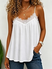 abordables Tops de Encaje-Camiseta sin mangas elegante para mujer con panel de encaje, textura patchwork, lisa, sin mangas, tirantes finos, estilo casual, verano, azul, negro, blanco, morado.