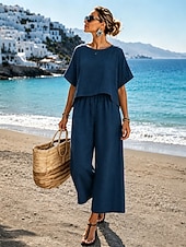 abordables Conjuntos-Conjuntos de lino y algodón para mujer, conjuntos de dos piezas, color puro, elegantes, casuales, cómodos, para el hogar, uso diario, primavera y otoño.