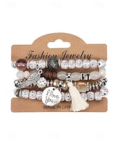 preiswerte Urlaubszubehör-Mehrlagiges Perlenarmband-Set im Boho-Stil für Damen – farbenfrohe Armbänder mit Quaste und Flügelanhänger für Freizeit und Strand.