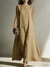 cheap Plain Dress-Women's  Vintage Boho Faux Cotton LinenBeach Loose Fit Plain Sleeveless Split Neck Maxi Dress Summer Spring