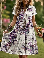 economico Abiti Boho-Per donna Abito al ginocchio Abito a trapezio Vacanza Casual Boho Spiaggia Vestibilità regolare Grafico Geometrico Manica Corta Bavero Viola Marrone Estate Primavera