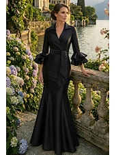 halpa Merenneito Illan Mekot-Trumpetti merenneito Kokopitkä Tanssiaismekot Iltapuku Ball Gown Muodollinen mekko Tyylikäs Juhlatyyli Silkkinen Puolihiha Paitapuserokaula-aukko Puutarhajuhlat Häät Joustava satiini kanssa Röyhelöity