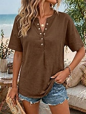 baratos Blusas Simples-Women's Shirt Casual Shirt Vacation Vintage Fashion Short Sleeve V Neck Crop Tops Casual Khaki Black White Yellow Pink Summer Spring