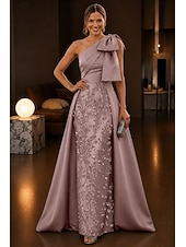 economico Abiti da Sera a Linea A-Linea ad A Lunghezza al pavimento Abito da Sera Abito formale Elegante Brillanti Floreale Senza Maniche Monospalla Festa in giardino Matrimonio Raso Tulle con Fiocco/Fiocchi Perline ricamate
