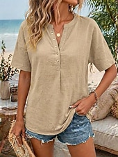 baratos Blusas Simples-Women's Shirt Casual Shirt Vacation Vintage Fashion Short Sleeve V Neck Crop Tops Casual Khaki Black White Yellow Pink Summer Spring