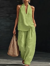  Damen Leinenartiges Set Baumwoll-Leinen-Sets Hosen-Sets Ärmellos V Ausschnitt Einfarbig Mode Streetwear Lässig Täglich Outdoor Schwarz Weiß Grün Sommer Normale Passform