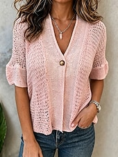 economico Bluse Semplici-Per donna Camicia Blusa Traforato Bottoni Tinta unica Semplice Vintage Elegante Casual Manica Corta Scollo a V Top Regolari Casuale Quotidiano Nero Bianco Rosa Verde Estate Primavera