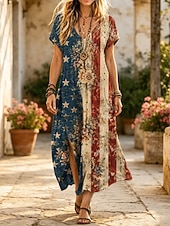  Giorno dell'Indipendenza Americana Per donna Abito Midi Abito a Tubino Vestito T-Shirt Vacanza Casual Ferie Vestibilità regolare Grafico Bandiera Manica Corta Scollo a V Blu Rosso Estate Primavera