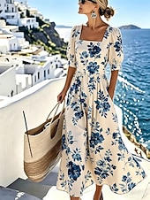  Damskie Sukienka maxi Codzienne sukienki Sukienka A line Elegancja Urlop Elegancki Plaża Święto Regularny Kwiaty Graficzny Rękaw 1/2 Półgolf Niebieski Czerwony Zielony Beżowy Lato Wiosna