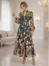 voordelige Enkel Lengte-A-lijn Tot de enkel Kanten jurk Moeder van de bruid jurk Lange mouw V-hals Elegant Vintage Luxueus Formeel Bruiloft gast Bruiloft Kant Tule met 3D-bloemen Borduurwerk Bloem