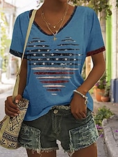 baratos Dia da Independência Top-Dia da Independência Americana Mulheres Camiseta Imprimir Gráfico Letra Bandeira americana à moda Clássico Casual Manga Curta Decote V Tops regulares Casual Diário Azul Branco Cinzento Verão Primavera