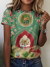  Dame T skjorte Trykt mønster Blomstret Grafisk Årgang Stilfull Klassisk Kortermet Crew-hals V-hals Rund hals Vanlige topper Daglig Hvit Grønn lysegrå Sommer Vår Høst Vinter