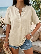 baratos Blusas Simples-Women's Shirt Casual Shirt Vacation Vintage Fashion Short Sleeve V Neck Crop Tops Casual Khaki Black White Yellow Pink Summer Spring