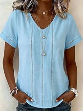 cheap Plain Blouses-Women's Blouse Lace Trim Solid Color Vintage Stylish Basic Short Sleeve V Neck Regular Tops Casual Daily Blue White Pink Summer Spring