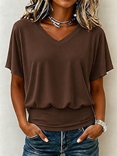 abordables T-shirt uni-Femmes T-shirt Cordon de serrage Uni Mode Élégant Basique Manche Courte Col en V Hauts Réguliers Occasionnel Quotidien Sortir Noir Blanche Rose Claire Marron Été Printemps