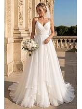 cheap Wedding Dresses-Beach Wedding Casual Simple Wedding Dresses Wedding Dresses Sheath Camisole Sleeveless Court Train Chiffon Bridal Gowns With Pleats