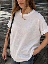 cheap Plain tee-Women's T Shirt Tee Top Rolled Cuff Curved Hem Solid Color Stylish Classic Short Sleeve Crew Neck Regular Tops Casual Going out Black White Pink Gray Summer Spring