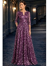 preiswerte Bodenlänge-A-Linie Kleid Bodenlang Partykleid Cocktailkleid Brautmutterkleid Langarm V Ausschnitt Elegant Vintage luxuriös Formell Hochzeitsgast Kentucky Derby Chiffon Tüll mit Paillette Stickerei Blume