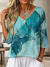 ieftine Bluze Art&amp;Design-Pentru femei Cămașă Grafic Imprimare de marmură Boemia Epocă Modă Lungime Manșon 3/4 În V Topuri obișnuite Casual Zilnic Ieșire Albastru piscină Kaki Trifoi Vară Primăvară