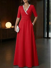 voordelige A-Lijn Avondjurken-A-lijn Tot de grond Avondjurken Elegant Empire Waist Avond Halve mouw V-hals Bruiloft Formeel Zak Stretchstof met Plooien Kristaldetails Kralen